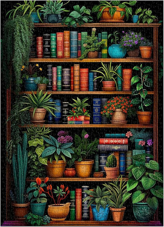 Vintage Bookshelf Puzzle for Adults 1000 Pieces, Book Houseplant Puzzle,Retro Bookshelf Botanical Puzzles Flower, Challenge Jigsaw Puzzles for Book Lover