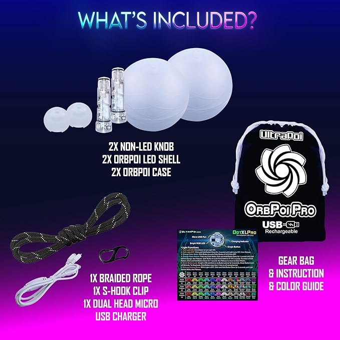 OrbPoi Pro Set - Orb Poi Pro w/Non LED Knob Handles - USB Rechargeable Contact LED Poi Balls w/ 40+ Color Modes & Patterns - LED Poi Spinning Balls w/Soft Durable Cases - Flow Arts Toy, UltraPoi