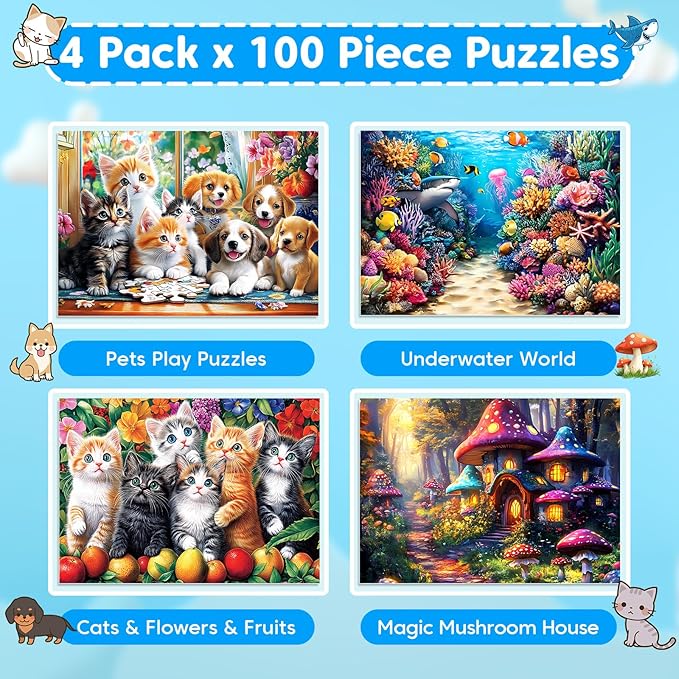 4 Packs 100 Piece Puzzles for Kids Ages 4-6 6-8 8-10, Cats Dogs Sea World Mushroom Large Piece Puzzle for Seniors 100 Pieces Adults Jigsaw Puzzle Learning Educational Xmas Toys for Boys and Girls