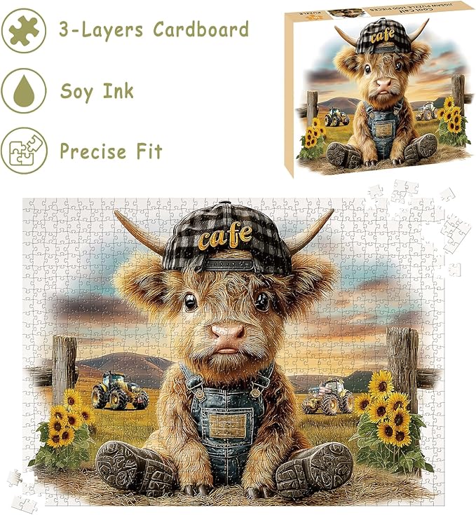 Puzzles for Adults 1000 Pieces, Highland Cow Jigsaw Puzzles - Cool Calf, Impossible Cow Puzzle for Seniors Family, 27.56 x 19.69 inches, 1:1 Poster, Letter on The Back