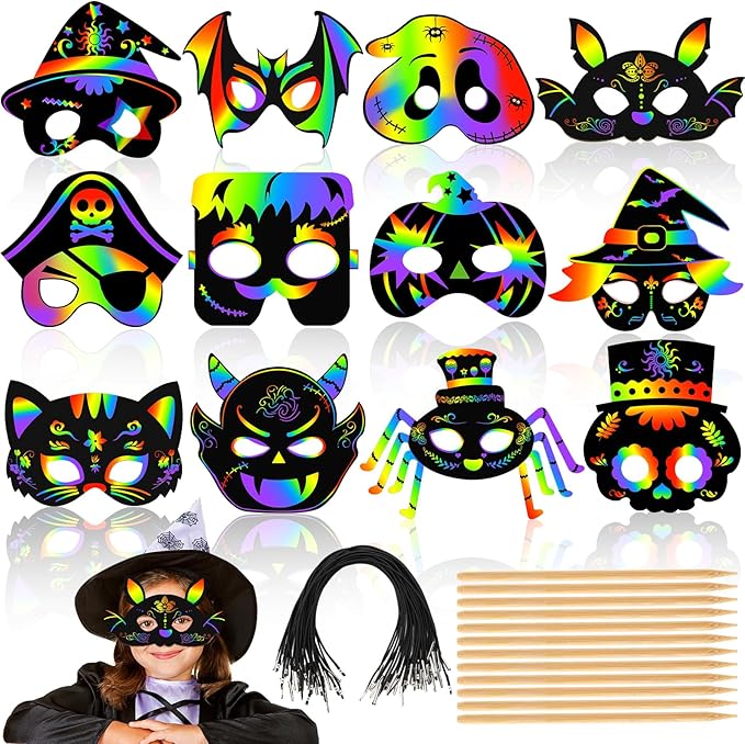AUGSUN Halloween Crafts, 36pcs Scratch Art Mask Rainbow Magic Scratch Paper Mask Halloween Mask Crafts for Party Favors