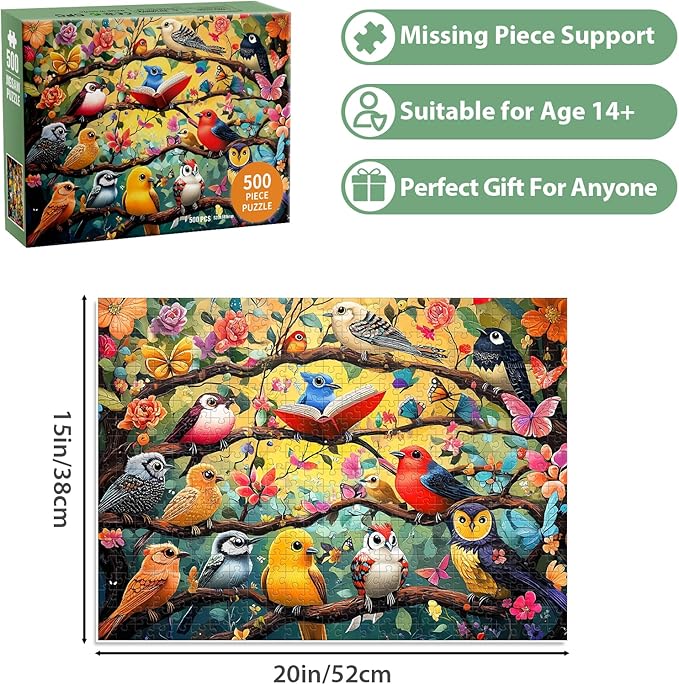 500 Piece Puzzles for Adults, Art Birds Jigsaw Puzzles for Adult 500 Pieces, Recycled Cardboar Challenge Puzzle Seniors Friends for Gift Birthday Party Games Family, 20.5"x15" Dust Free Puzzle