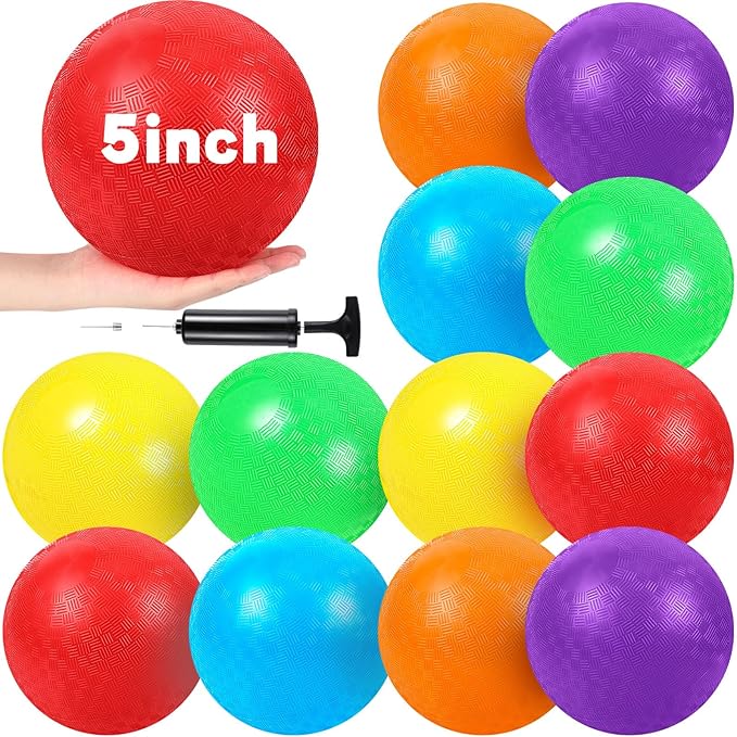 Hiboom Playground Balls 5 Inch Dodgeball Playground Balls Kick Outdoor Inflatable with 1 Pcs Hand Pump for Adults Yoga Exercise Gym Schoolyard(Multi Color,12 Pcs)