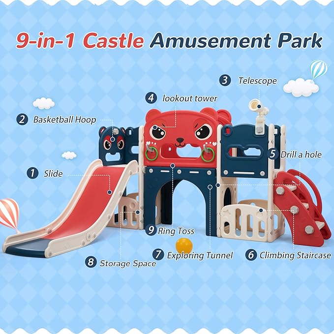 9 in 1 Toddler Slide Playset Indoor Outdoor Kids Slide and Climber for Toddler Age 1-6, Children Slide Climber Playground