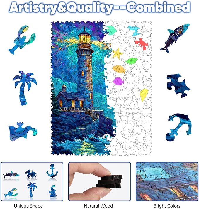 Leodozzio Wooden Puzzles for Adults, Lighthouse Wood Jigsaw Puzzle 200 Pieces, 5mm Thick Unique Shaped Ocean Puzzle, Gift for Adults & Family, 8.8 x 11.7 Inch