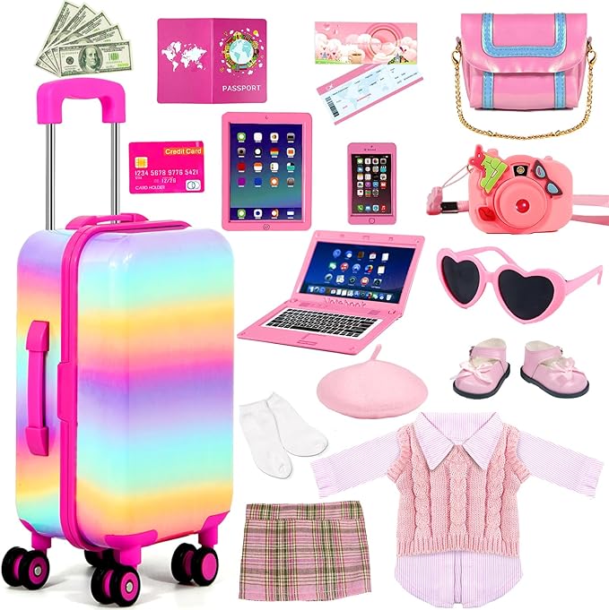 WONDOLL American 18-inch-Doll-Clothes and Accessories Girl-Travel-Suitcase Luggage,Clothes and Shoes, Bag, Sunglasses, Camera, Passport, Notebook, Phone, pad Travel Gear Play Set Fit(No Doll)