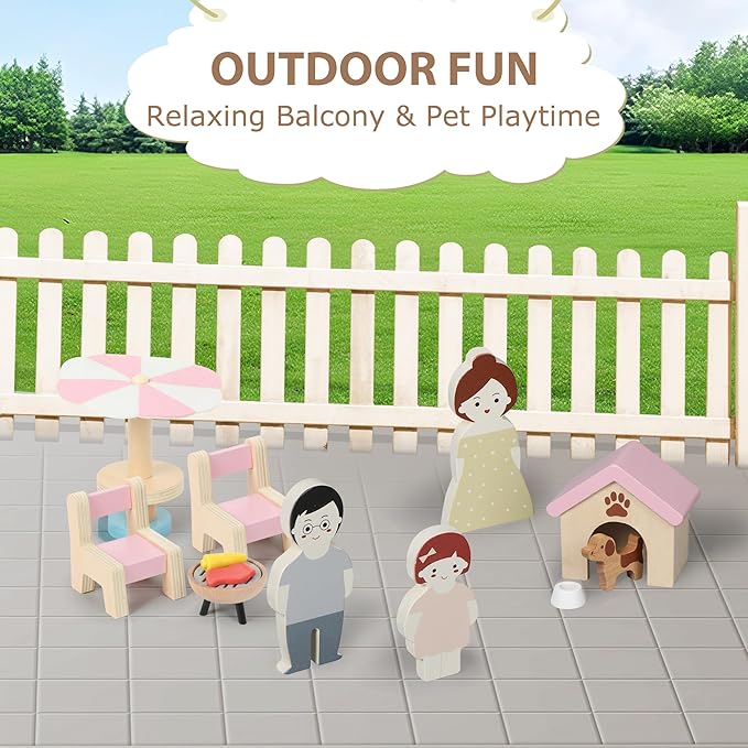 Pithfor Wooden Dollhouse Furniture Set, Dollhouse Accessories and Furniture, with 7 Rooms 3 Dolls, Includes Patio Set & Dog Set, Doll House Furniture Toys Gift for Kids Boys Girls
