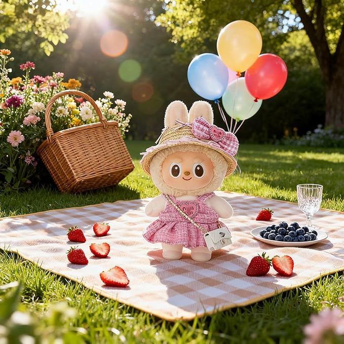 Doll Clothing Set (No Doll), Cute Cropped Straw Hat, Crossbody Bag, Dress, Suitable for 15-17cm Dolls, Outfit Accessory Set for Unique Styling (Pink-MIU)