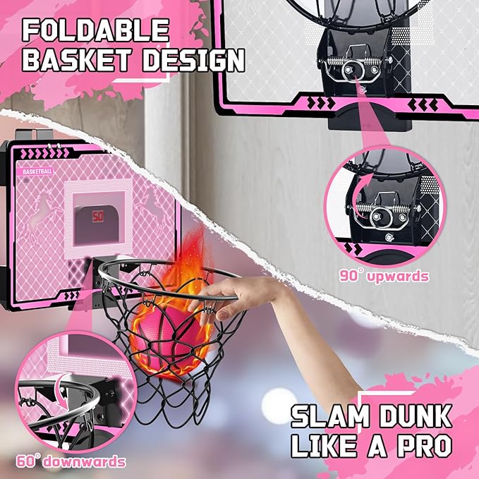 Basketball Hoop Indoor Kids Girls Pink - Mini Over The Door Basketball Hoops with Electronic Scoreboard Toys & 3 Balls, Unicorn Birthday Gifts Age 5 6 7 8 9 10 11 12 Year Old Girls