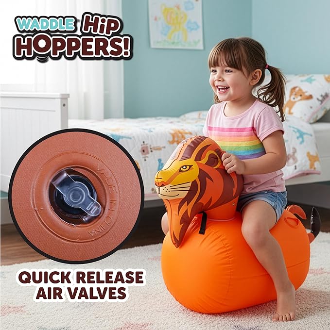 Waddle Hip Hoppers Large Bouncy Hopper Ride On Toys - Inflatable Hopping Animal Bouncer for Kids Girls & Boys, Easy Grip, Stable Base, Outdoor & Indoor, Supports Up to 250 Lbs, Ages 5 and Up (Lion)