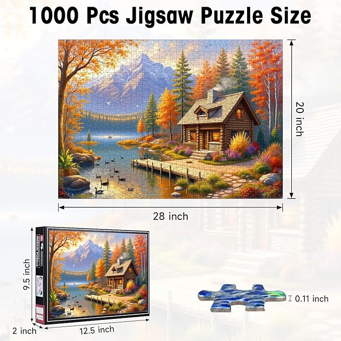 1000 Piece Fall Puzzles for Adults, Autumn Lake Landscape with Cozy Cabin Puzzle, Mountain, Forest & Ducks, Colorful Trees Jigsaw Puzzles, 28x20 Inch