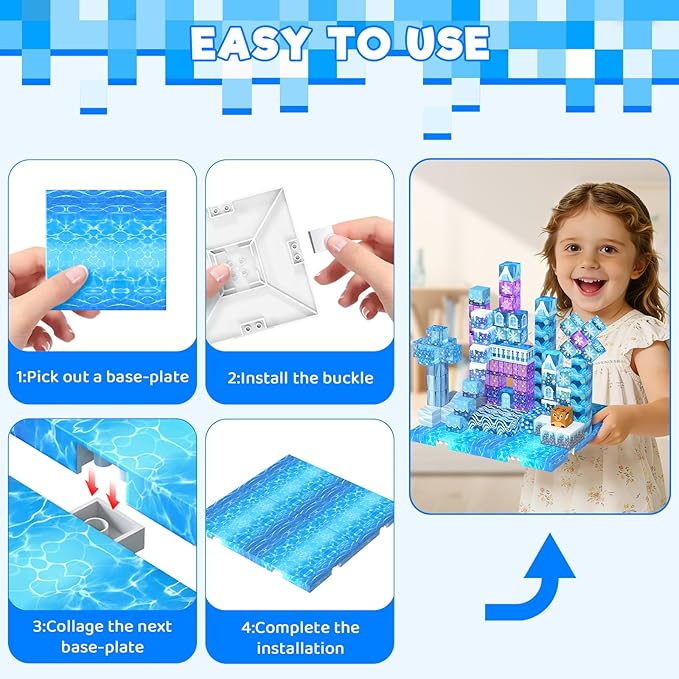 4PCS Magnetic Blocks Base Plates for Kids, 4" x 4" Strong Grip Magnetic Tiles Base Fits Most Popular Magnetic Blocks & Cubes, STEM Building Toy Birthday Gifts for Boys Girls Ages 3+ (Water)