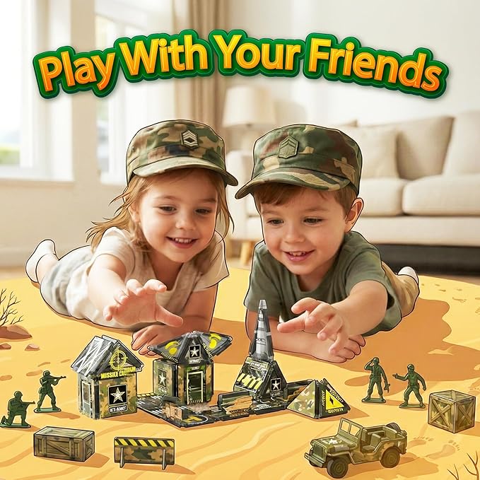 42PCS Mini Magnetic Tiles Army Base Travel Set with Iron Box STEM Educational Military Building Blocks Magnetic Construction Toy for Kids Ages 3 to 8 Creative Gift for Boys and Girls