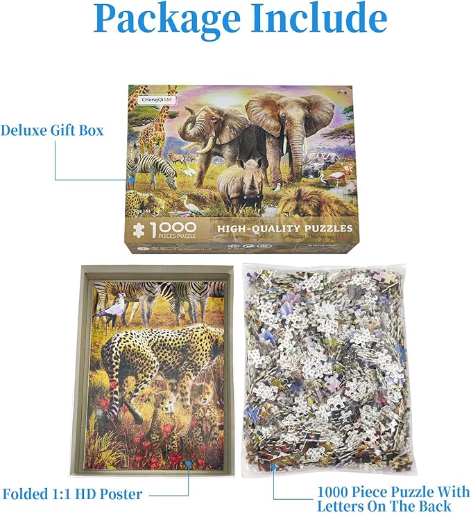 CHengQiSM 1000 Piece Puzzle for Adults, African Animal Puzzles for Adults 1000 Pieces, Jungle Animals Jigsaw Puzzle for Adults Teens Seniors, Premium Thick Cardboard, Finished Size 27.6 x 19.7 inches