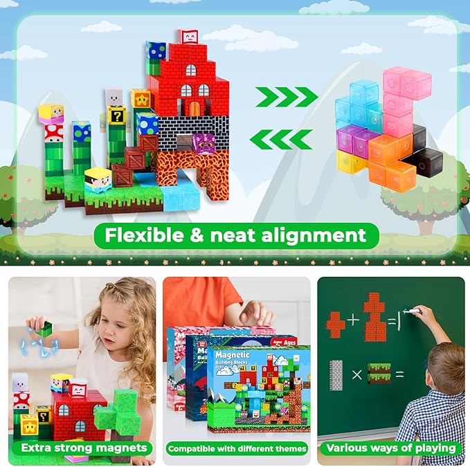 Magnetic Blocks-150 PCS Build Adventure Game Castle World Set - Magnetic Building Cubes Stacking, STEM Montessori Sensory Toys for Kids Boys Girls Ages 3+ Easter Birthday Gifts