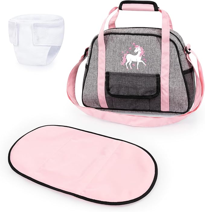 Bayer Doll Bag with Diaper Bag Accessories, Baby Doll Changing Set, Grey Pink Unicorn, Ages 18 Mo