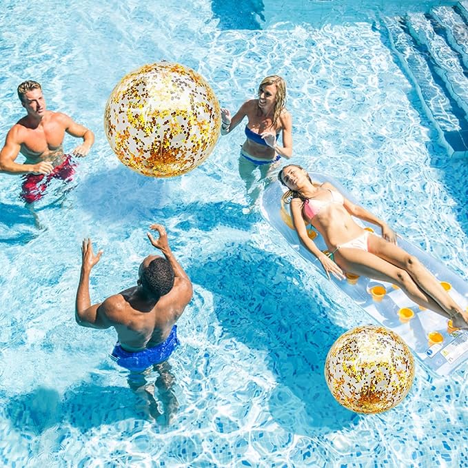 5 Pcs Inflatable Beach Balls, 16 Inch & 24 Inch Large Confetti Glitter Beach Balls, Sequins Clear Blow up Pool Balls Toys for Christmas Party Decorations 2026 New Year Birthday Summer Swimming Pool