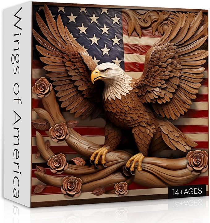 American Flag Eagle Puzzles for Adults 1000 Pieces, Vintage USA Patriotic Faith Jigsaw Puzzle, United States Bird Roses Flower Puzzles as Home Decor