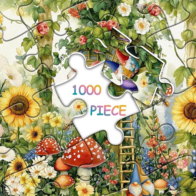 Garden Gnomes Puzzles for Adults 1000 Pieces, Sunflower Plant Bee Themed Jigsaw Puzzles, Nature Treehouse Puzzle with Flower, Funny Gnomes Floral Mushroom Wall Art