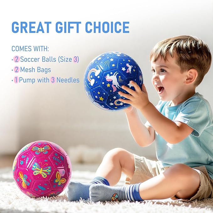 Toddler Soccer Ball Size 2 Size 3 - Small Soft Kids Ball 2 Pack for Ages 1-5 3-8 - Cartoon Sports Toy Boys Girls - Easter Basket Stuffers for Toddlers Kids - Soccer Gift for Indoor Outdoor Games