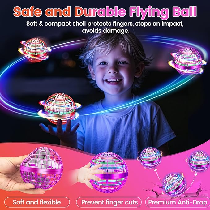 Flying Orb Ball Toy, 2026 Upgrade Hand Controlled Hover Ball with LED Lights, 360° Rotating Boomerang Globe, Cool Mini Drone, Ideal Birthday&Christmas Gift for Boys Girls-Red & Purple