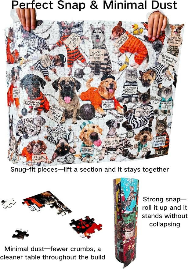 Double-Sided 1000-Piece Jigsaw Puzzle for Adults,DIY 24-Section Mystery Puzzle, Funny Jailhouse Dogs & Cats/Christmas Dress-Up Cats & Dogs, Challenging Family Fun, 27.6 x 19.7 in Hipazous