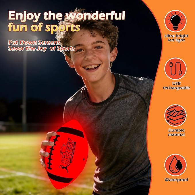 Glow in The Dark Football Light Up Football | USB-C Rechargeable LED Ball with Pump | Night Game Ball for Indoor & Outdoor Play | Gift Ready for Boys & Kids (with a Bag)