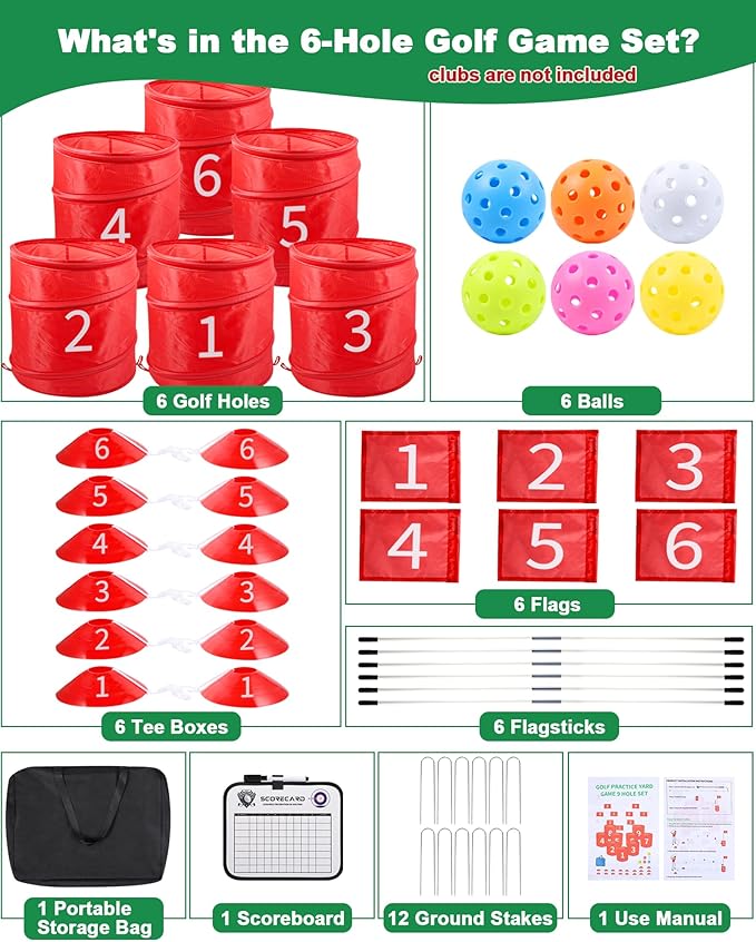 Backyard Golf Game, Portable 6 Hole Outdoor Golf Course for Indoor & Outdoor Play, Yard Golf Practice Game Gifts for Family and Adults, Lawn Beach Yard Park Golfgame for Adults - No Clubs