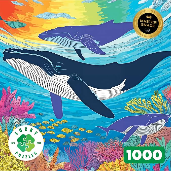 Lucky Puzzles - Kaleidoscope of the Sea - 1000 Piece Jigsaw Puzzle for Adults | Vibrant Whale and Reef Artwork | Challenging Puzzle for Adults for Puzzle Lovers
