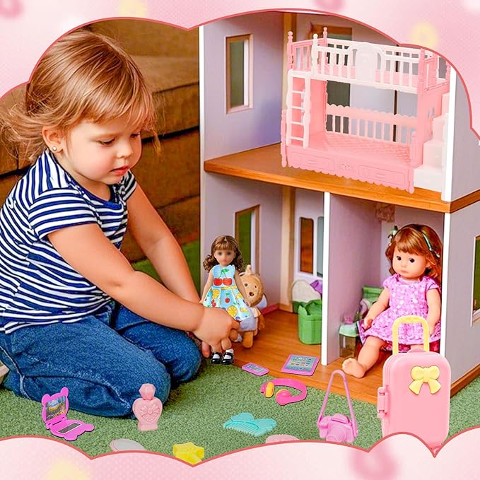 43 Pcs 18 Dresses and Accessories Mini Bunk Bed Travel Suitcase with 2 Pillows, 10 Hangers,1 Sunglasses, 1Headset, Pink Computer Set