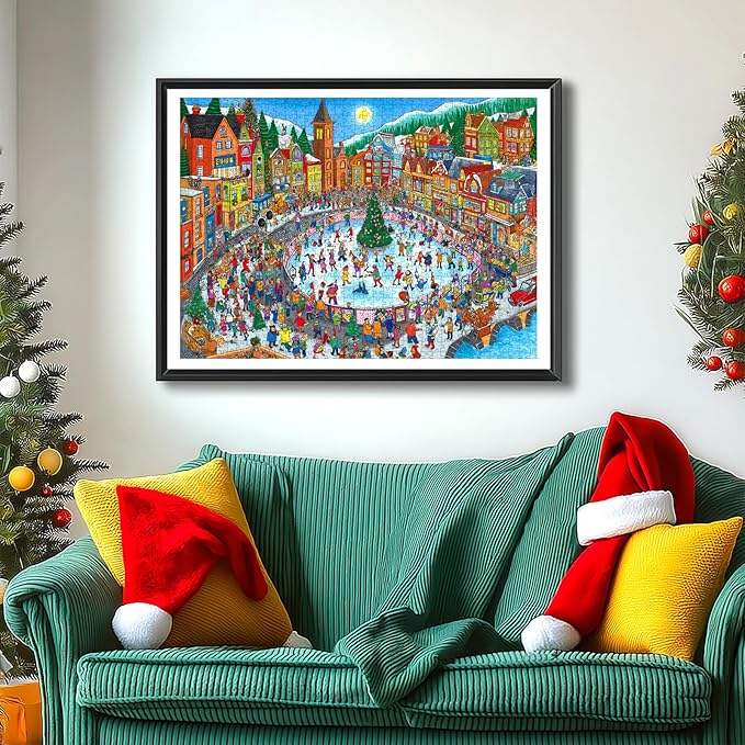 500 Pieces Jigsaw Puzzle for Adults Winter Village Ice Skating Scene Festive Christmas Happy Holiday Town Square Puzzle Family Entertainment Perfect for Adults & Family Fun (23''X15'')