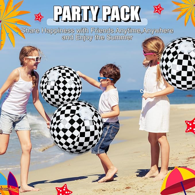 2 Pack Black and White Beach Balls 11.8" Checkered Flag Themed Inflatable Beach Ball Bulk Race Car Birthday Party Supplies for Summer Pool Party End of the Year Decoration Favor