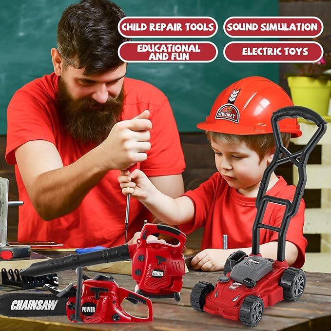 3 Pcs Toy Gardening Tool Set for Kids Toy Leaf Blower Chainsaw Push Lawn Mower Pretend Set with Lights and Sounds Christmas Birthday Gifts for Boys Girls