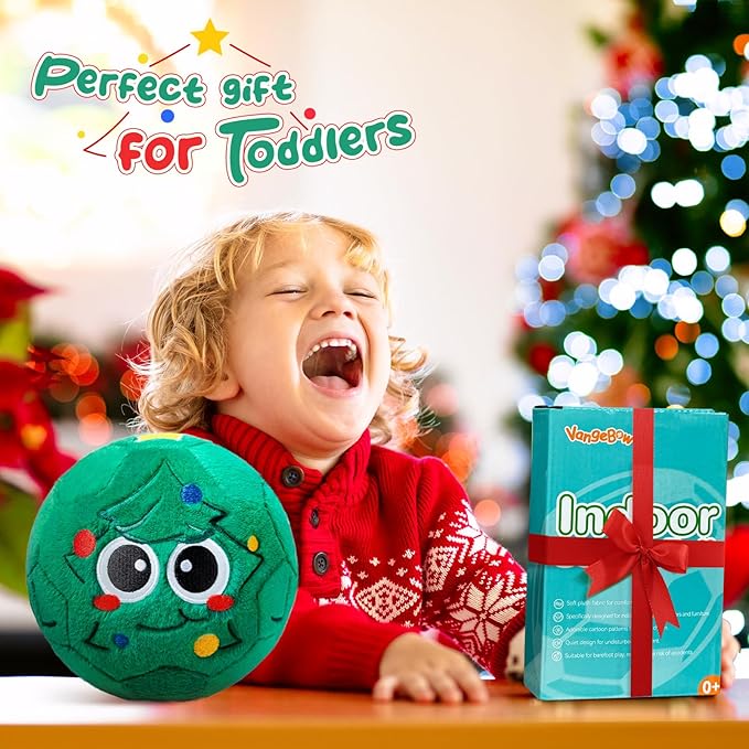 Silent Indoor Soccer Balls for Toddlers 1-3, Inflatable Soft Plush Baby Toddler Soccer Ball Toys Gifts for 1 2 3 4 5 Year Old Boy Girl First Birthday Gift (Christmas Tree, Pump Include)
