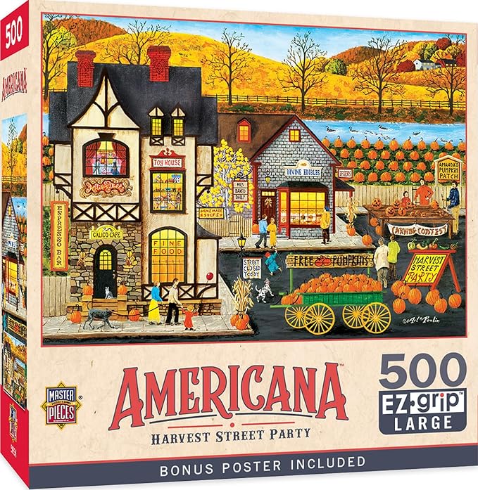 MasterPieces - 500 Piece Jigsaw Puzzle, Large EZ Grip Shapes, Harvest Street Party, Fun for Adults, Seniors, Family, Kids, 19.25" x 26.75"