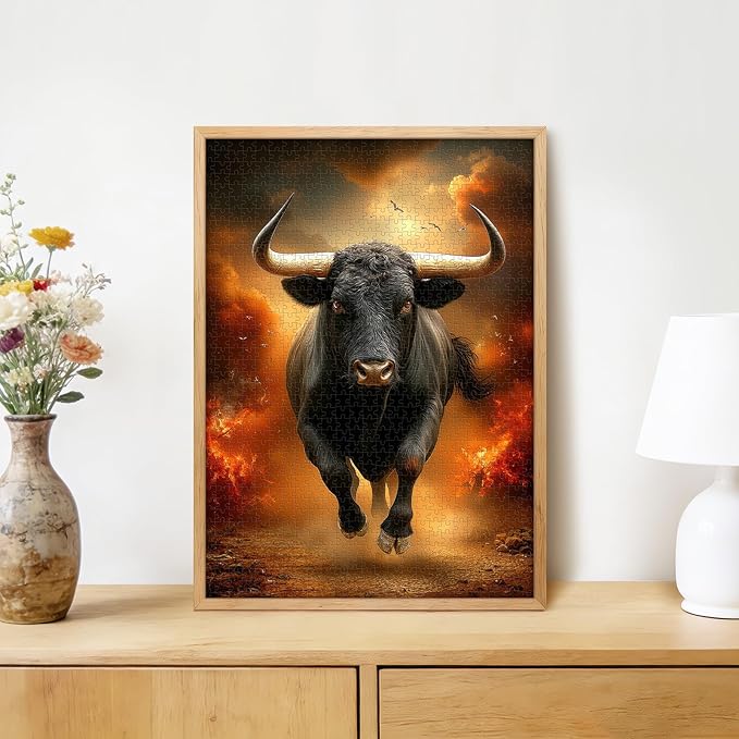 Fiery Black Bull 1000 Piece Puzzle for Adults - Powerful Bull with Golden Horns & Flaming Sky Art, Poster & Lettered Back, 20"x28" HD, Gift for Strength & Animal Lovers