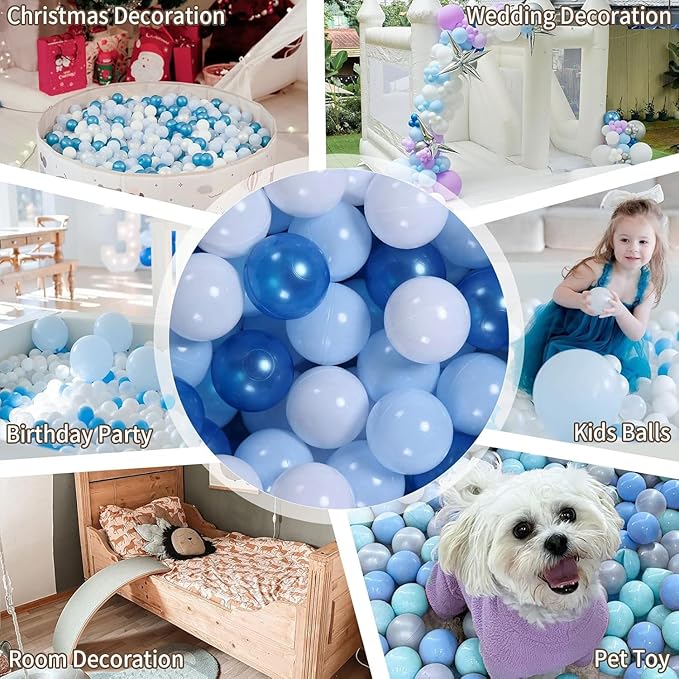 GOGOSO Ball Pit Balls for Toddler, Baby Plastic Playballs Kids Soft Pastel Pelotas Non-Toxic BPA-Free Pearl Blue+Light Blue+White 50 Balls