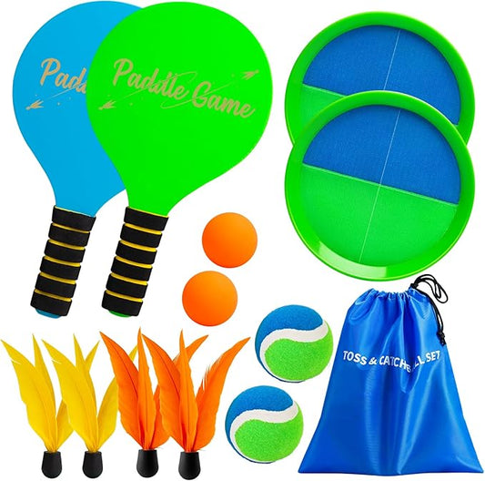 2-in-1 Beach Paddle Ball and Toss Catch Ball Game Set, Summer Outdoor Toys for Kids Adults, Family Yard Lawn Beach Pool Park Games, Outside Sports Easter Basket Stuffers Gifts for Boys Girls