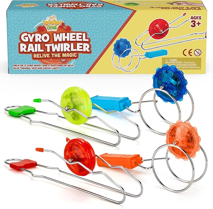 IPIDIPI TOYS Retro Magic Rail & Gyro Wheel Twirlers – 4-Pack (2 Rail Twirlers, 2 Gyro Wheels) Light Up Magnetic Spinning Toys, Classic Vintage Fidget Toys, Party Favors Easter Basket Stuffers for Kids