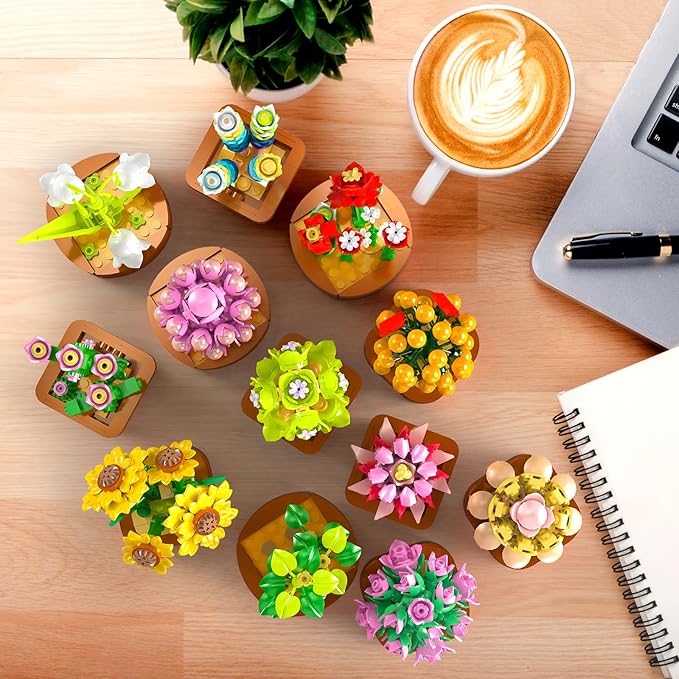 12 Pack Flowers Succulents Mini Building Set - 1403PCS Flower Botanical Collection for Home Office Décor 3.6MM Plant Blocks Toy, Easter Birthday Gifts for Adults Women Kids Girls10+