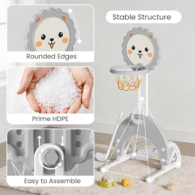 4-in-1 Toddler Basketball Hoop Adjustable Height Indoor Outdoor Sports Center for Kids Aged 1-3 Basketball, Soccer, Hockey & Ring Toss, Grey and White