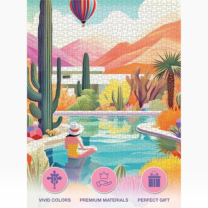 Cross & Glory - Blossoming Desert: Poolside Paradise - 1000 Piece Jigsaw Puzzle for Adults | Vibrant Desert Cactus & Succulent Landscape | 20x27 Inches Satin Finish