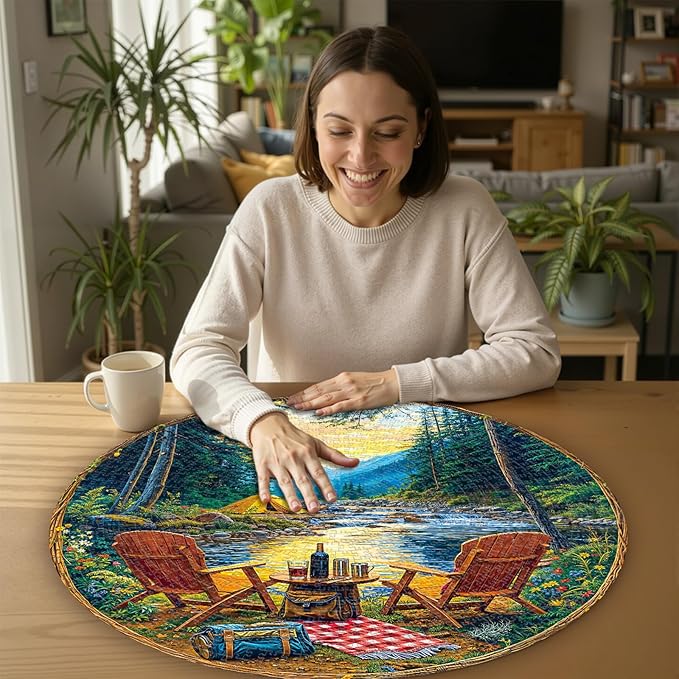 Round Jigsaw Puzzle 1000 Pieces - Scenic Mountain Camping Design - 26.6" Circular Challenge, Wilderness Landscape Art, Mindful Activity Gift for Nature Lovers