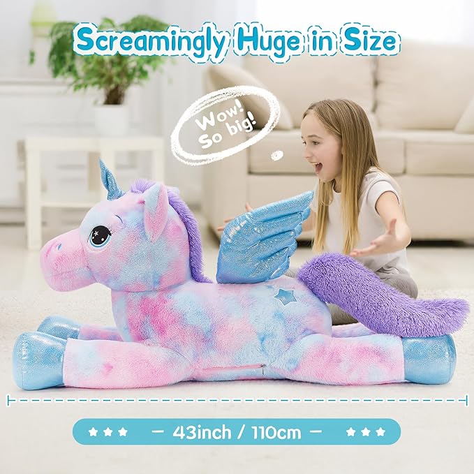 Tezituor 43 Inch Unicorn Stuffed Animal with Wings, Giant Purple Stuffed Unicorn Plush Toys for Girls Kids Boys Women,Soft Rainbow Plushie Gifts for Valentines Day,Christmas, Birthday Party