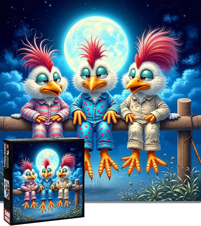 Chicken Puzzles for Adults 500 Pieces - Funny Colorful Chickens Jigsaw Puzzle, Chicken Under the Moon Art Puzzle with Letters on Back, Cute Cartoon Animal Puzzles as Thanksgiving Home Decor