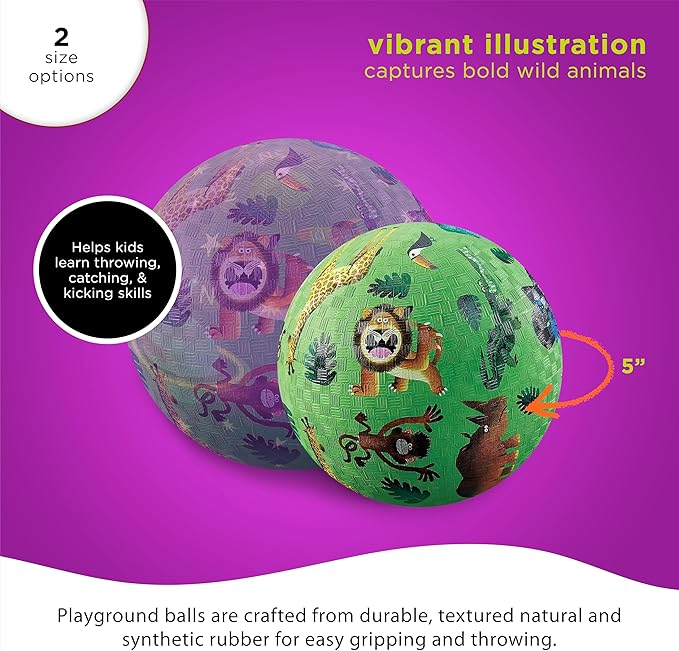 Crocodile Creek Playground Ball - Durable Rubber Ball for Kids Ages 3 and Up - Bouncy Inflatable Ball for Kickball, Indoor Games, and Outdoor Sports - PVC-Free - Very Wild Animals - 5-inch Diameter