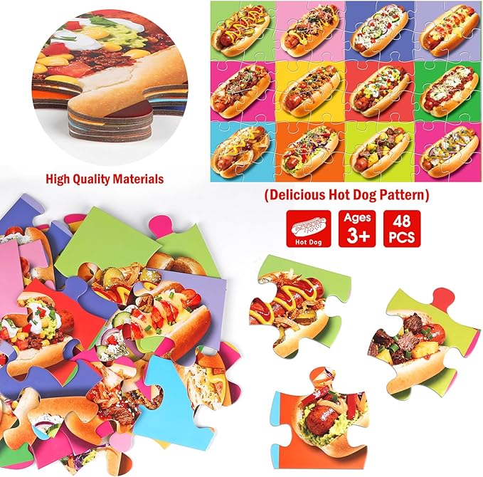 Jumbo Floor Puzzle for Kids,48 Hot Dog Pizza Jigsaw Puzzles,Learning Educational Foods Toys for Toddlers Ages 3-5,Colorful Design Children Gift for Boy Girl Ages 4-8