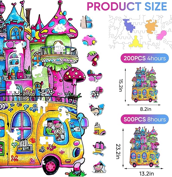 Delobil Wooden Puzzles for Adults, Car Jigsaw Puzzles 500 Piece, Unique Shape School Bus Puzzle for Adults and Kids, Fun Challenging House Puzzles Family Game Gift, 23.2 x 13.2Inches