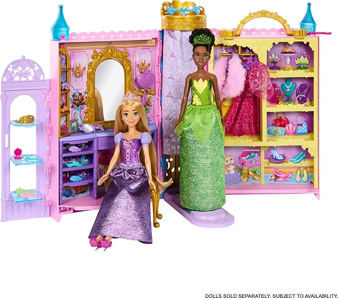 Mattel Disney Princess Toys, Ready for The Ball Closet Playset Opens to 2 Feet Wide & Includes 2 Fashions, 25 Accessories, Storage & More
