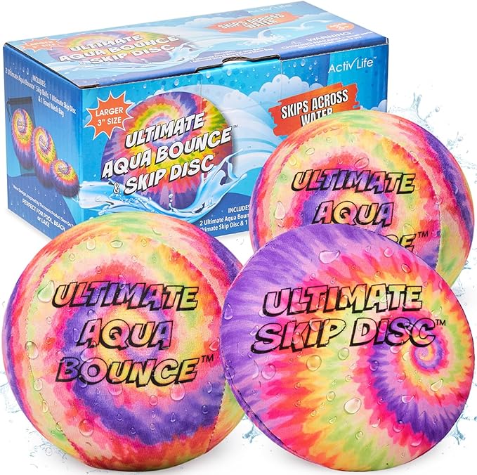 Activ Life Ultimate Skip Ball, Large 3" - 2 Water Skip Balls with 1 Skip Disc - Water Bouncing Ball Set for Beach, Pool & Lake Games - Fun Summer Toys for Kids, Teens, Adults & Families